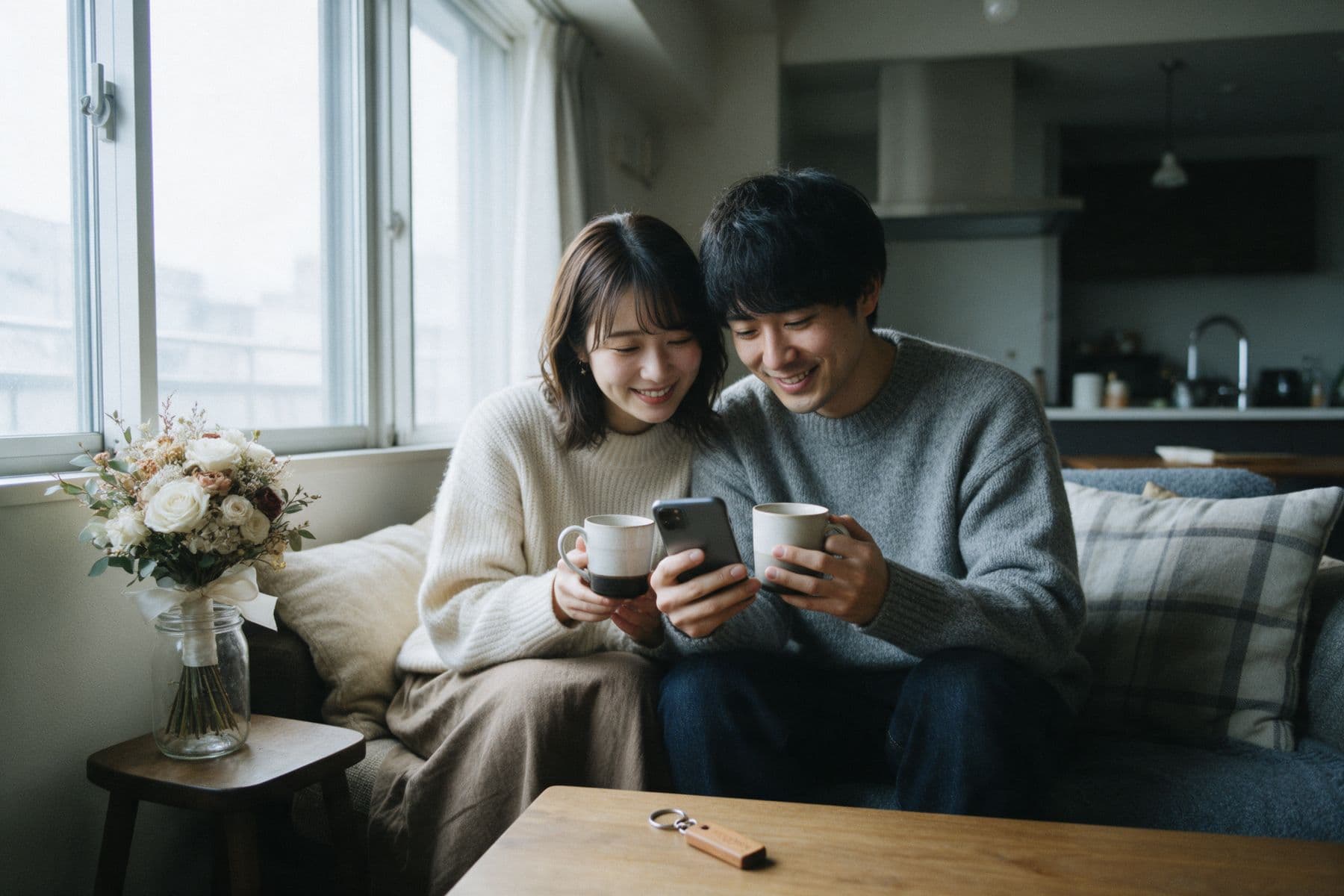 Le lendemain, un couple en pull regarde les photos sur un téléphone, le bouquet sèche dans un bocal.