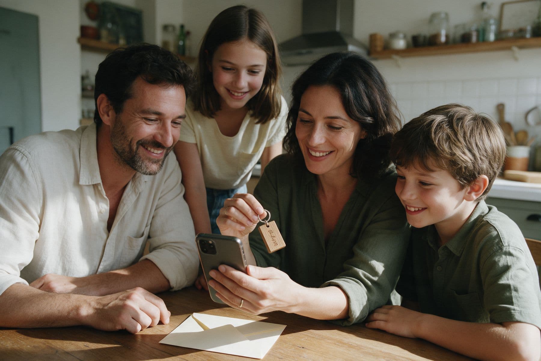 Une famille autour de la table de la cuisine découvre le faire-part en approchant le porte-clés du téléphone.