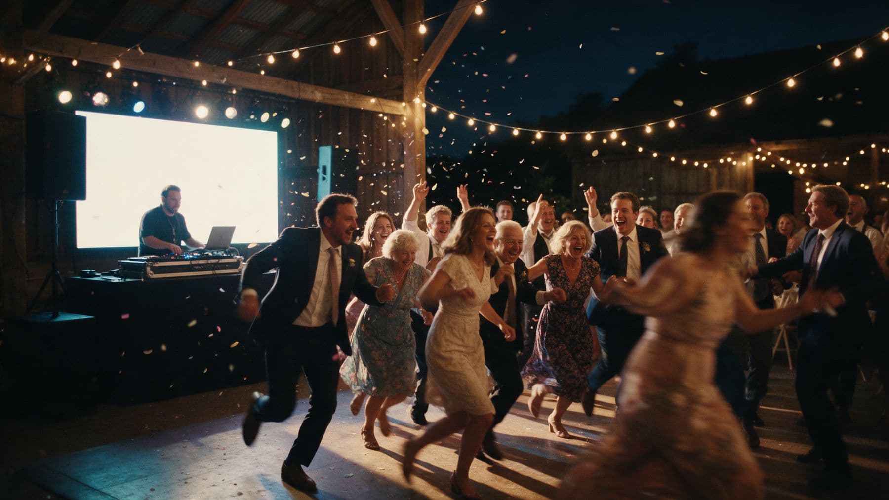 La piste de danse se remplit sous les guirlandes lumineuses, le DJ et l'écran au fond.