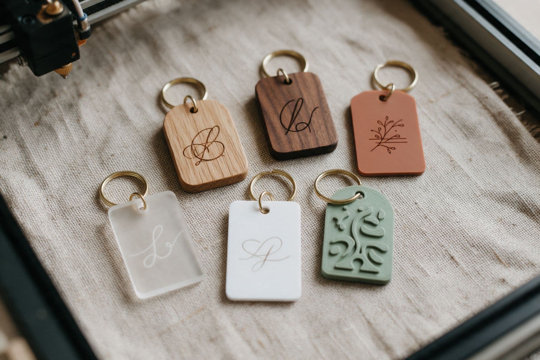 Six porte-clés de mariage : chêne, noyer, acrylique terracotta, acrylique givré, blanc et impression 3D vert sauge.