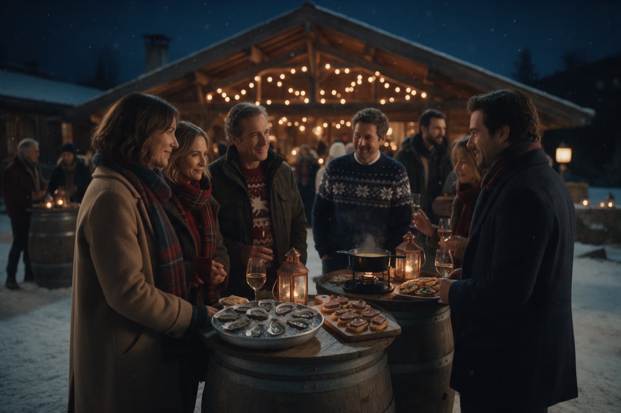 Un grand chalet ouvert sous la neige : des invités autour de tonneaux en bois partagent huîtres, toasts de foie gras et tartines grillées.