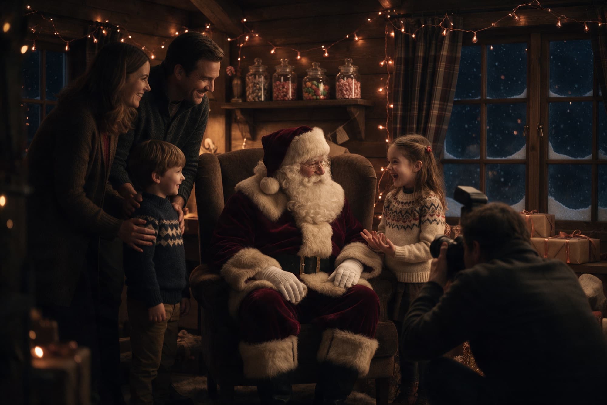 Dans un chalet en bois, le Père Noël écoute une petite fille pendant qu’un photographe prend la photo souvenir.