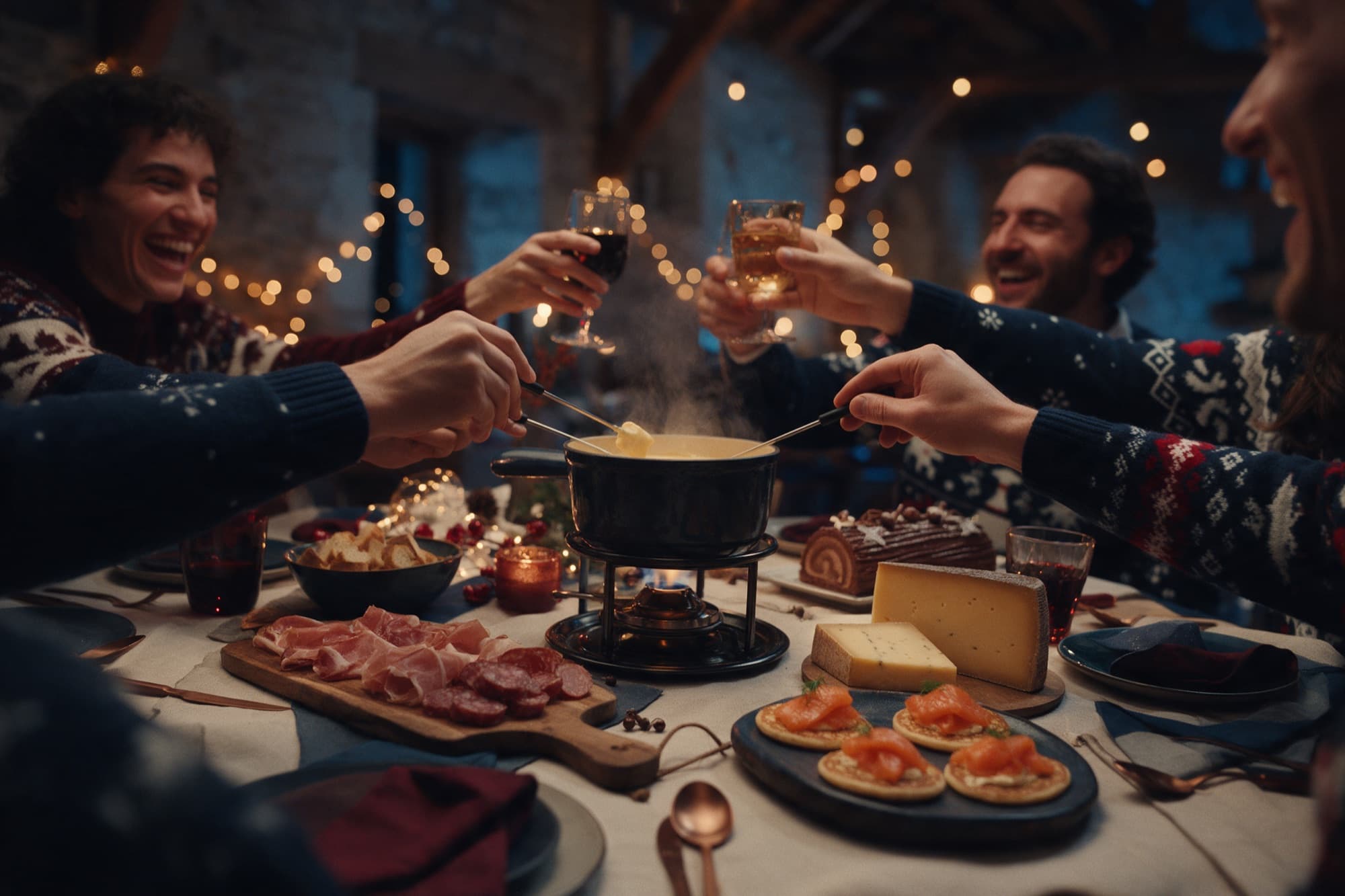 Une table de fête : caquelon de fondue fumant, saumon fumé sur blinis, charcuterie, comté, bûche au chocolat et verres levés.