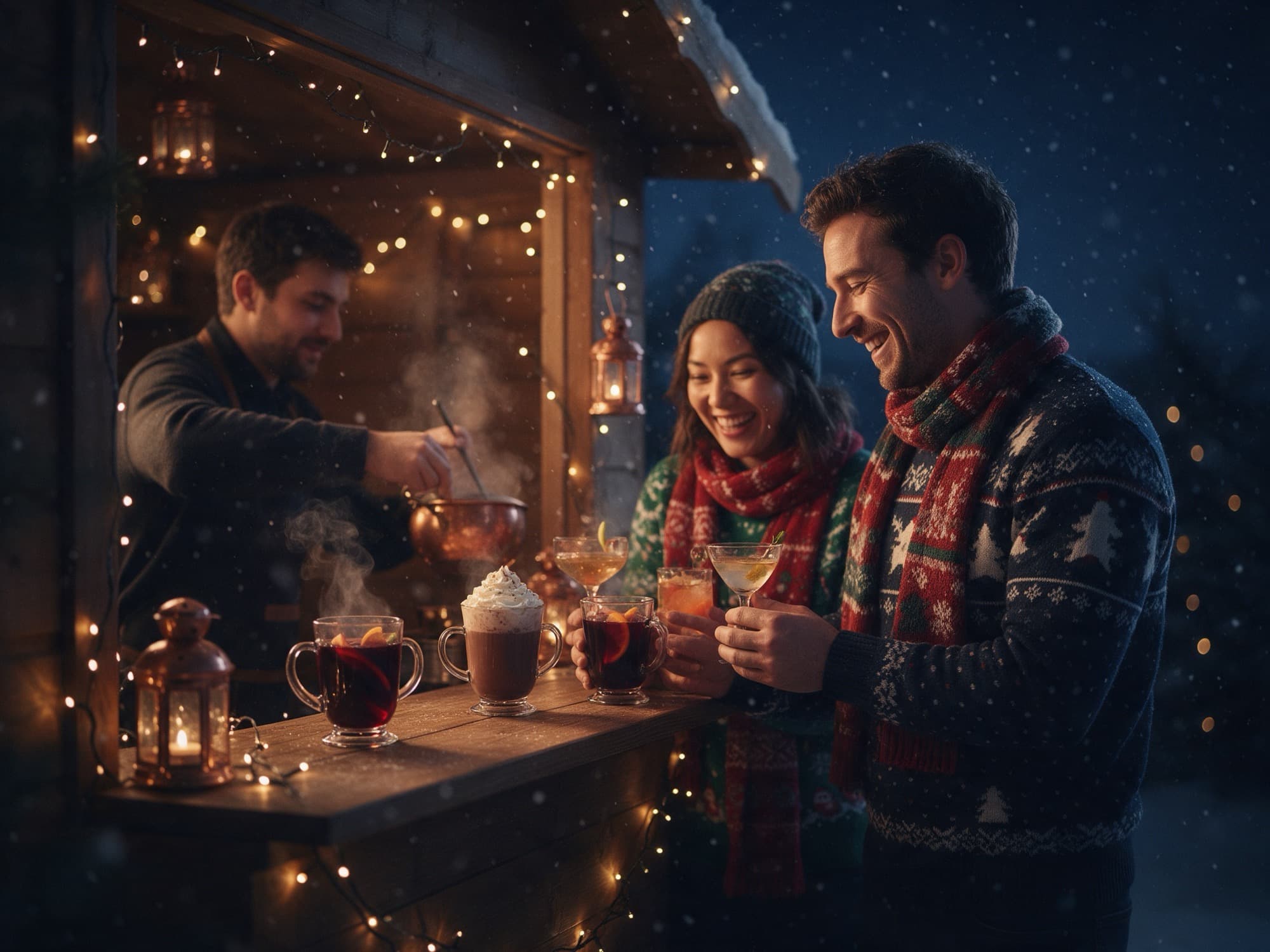 Le comptoir des potions : vin chaud fumant, chocolat chaud à la crème et deux collègues qui se réchauffent les mains.