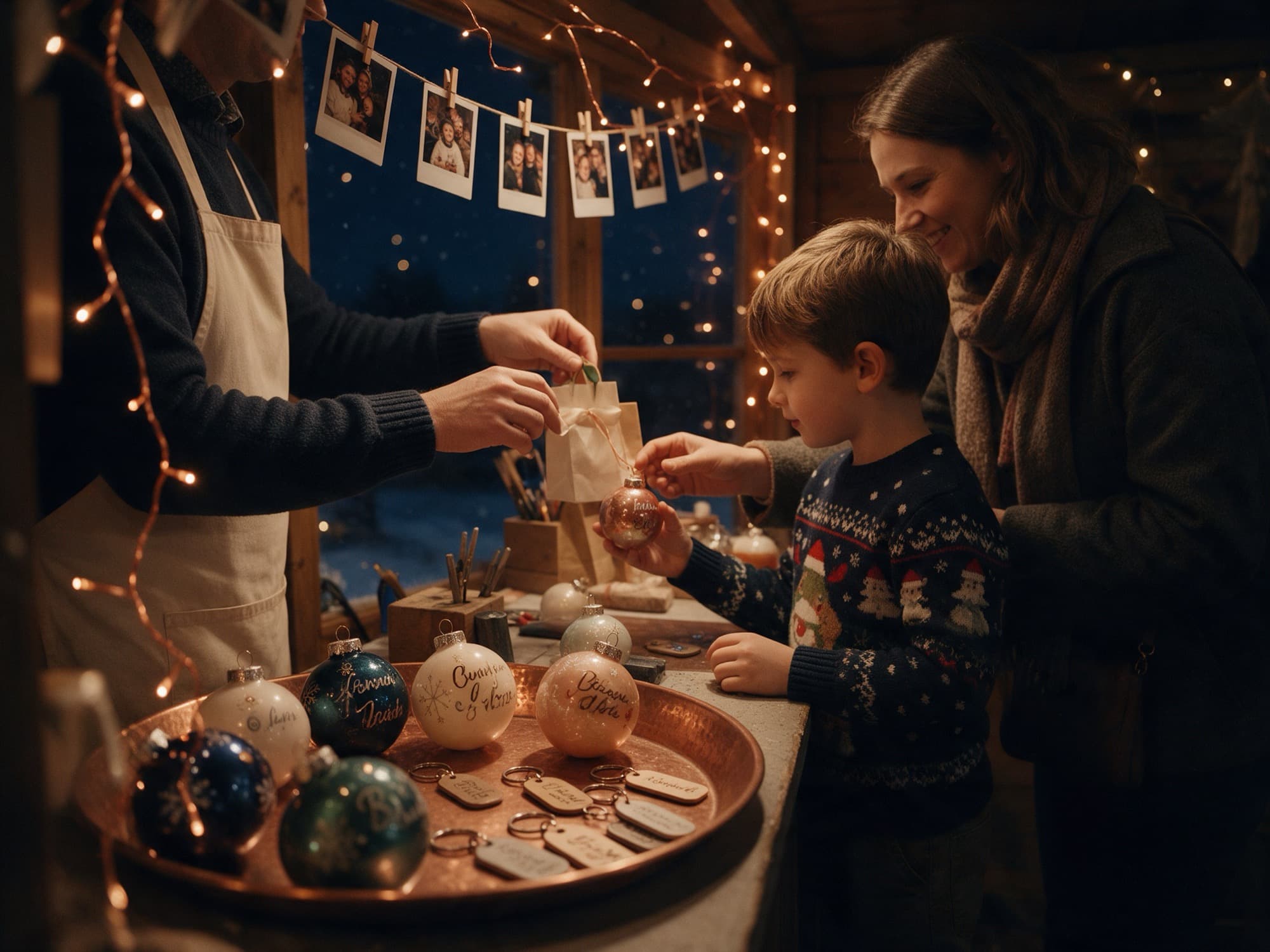 La fabrique à souvenirs : photos instantanées suspendues, boules de Noël et porte-clés personnalisés, un enfant choisit sa boule avec sa mère.