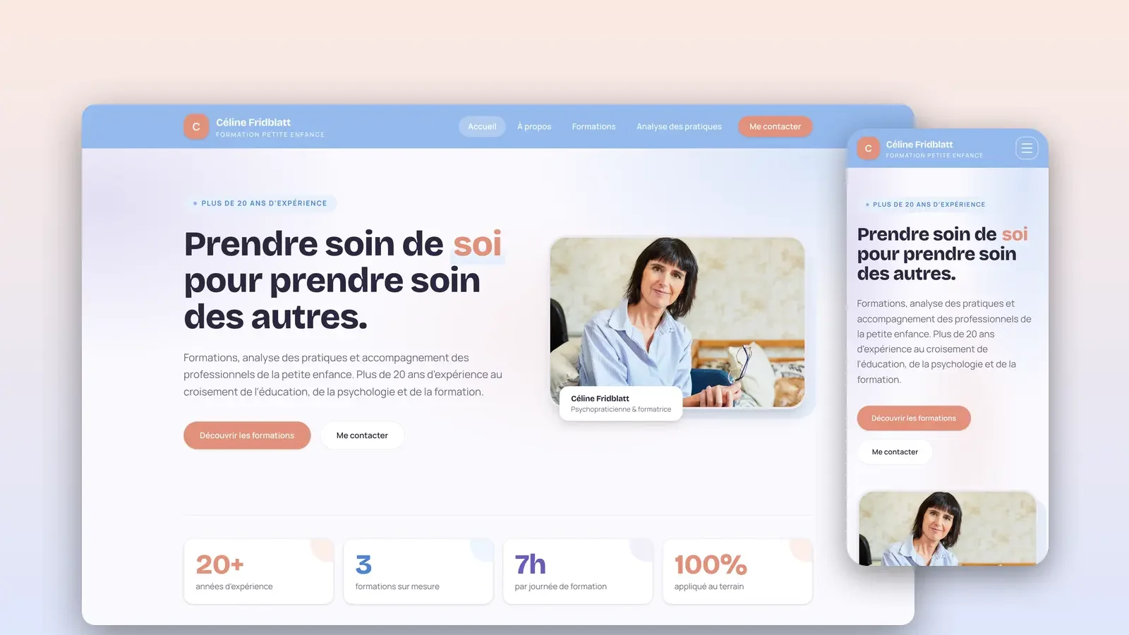 Le site www.educa-psy.fr de Céline Fridblatt, psychopraticienne et formatrice petite enfance, sur ordinateur et sur téléphone